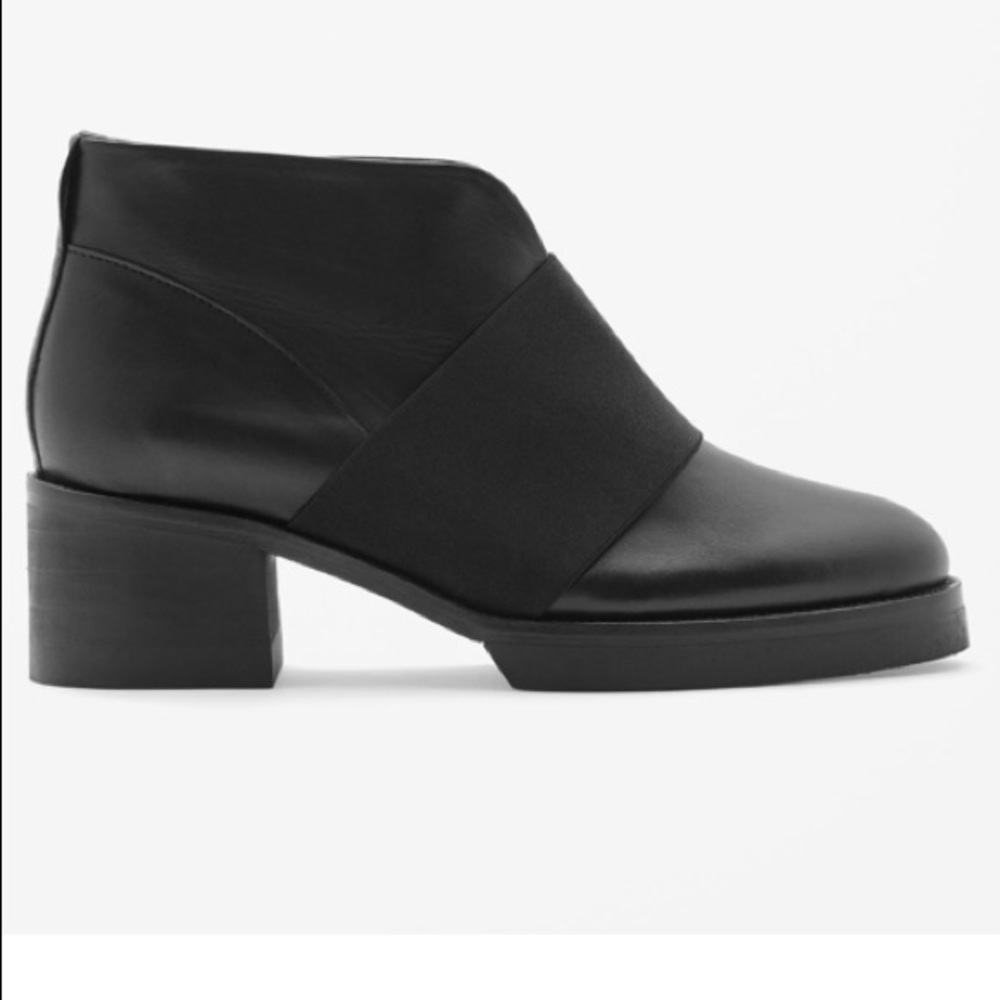 COS Black Leather 2” Heel Elastic Strap Bootie